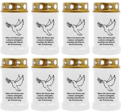 HS Candle Grabkerze - 8er Pack - (Weiß) Grablicht ca. 40h Brenndauer je Kerze - Motiv: Taube