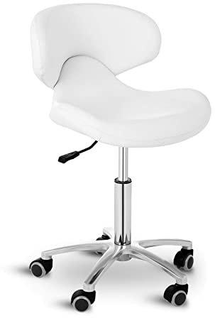Physa Andria White Rollhocker mit Lehne Arbeitshocker mit Rollen höhenverstellbar Sitzhocker mit Rückenlehne (weiß, polierter Stahl, PVC-Bezug, 360° drehbare Rollen, Variable Sitzhöhe)