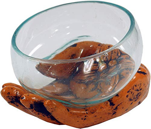 GURU SHOP Teelichtglas aus Mundgeblasenem Glas auf Geöffneter Hand - Orange, 13x15x13 cm