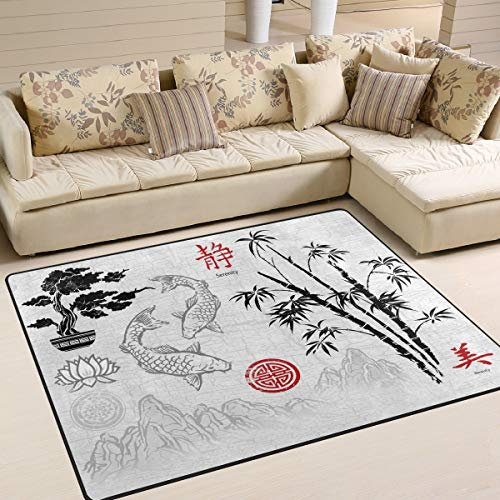 Use7 Asiatisches Ölgemälde, Koi, Karpfen, Fische, Bambus, Teppiche für Wohnzimmer, Schlafzimmer, 203 cm x 147,3 cm