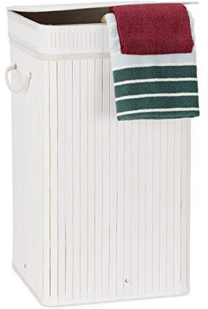 Relaxdays Cesto Ropa Sucia con Tapa, Cubo Colada, Cuadrado, Canasta, Bambú, 70 L, 63 x 36 x 36 cm, Blanco, Poliéster