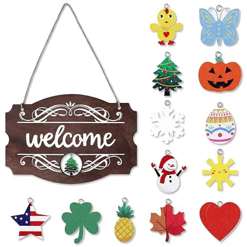 Jetec Interchangeable Seasonal Welcome Sign Front Door Decoration, Rustic Farmhouse Welcome Sign Easter Wood Wall Hanging Outdoor, Porch for Spring Summer Fall Winter (Brown with White Letters)