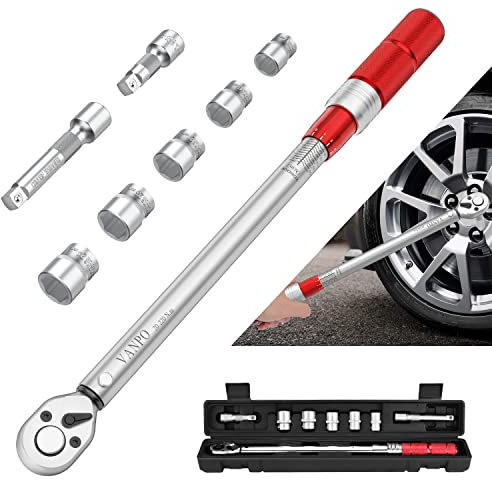 VANPO Drehmomentschlüssel 1/2, 20-220 Nm Drehmomentschlüssel 8tlg. Set, ± 3% Fehlergenauigkeit Reifen Reparatur Tool mit Ratschenschlüssel, 2 Verlängerung & 5 Stecknüsse für Auto, LKW, Motorrad
