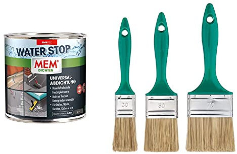 MEM Water Stop, Universalabdichtung und Feuchtigkeitssperre, Lösemittel-, silikon- und bitumenfrei, Dichtet sofort, Grau, 1 kg & Color Expert 82650315, Lasurpinselset 30/50/70 Mm