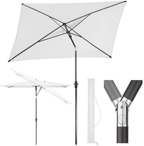 Sekey 210 × 140 cm Sonnenschirm mit Schutzhülle, Balkonschirm Gartenschirm Terrassenschirm, Sonnenschutz UPF50+, Kippbar, Höhenverstellbar, Rechteckig- Creme
