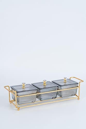 Knabber Schalenset 3 Fächer mit Deckel und Ständer Cerezlik Servierschale Knabberschale aus Glas für Süßigkeiten, Dips, Nüsse, Chips Grau