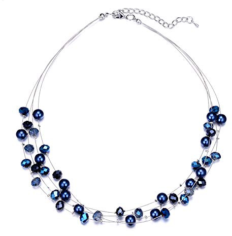 Bulinlin Damen Silber Perlenkette mit Kristall Statement Mehrreihige Boho Choker Halskette Modeschmuck Geburtstagsgeschenke für Frauen