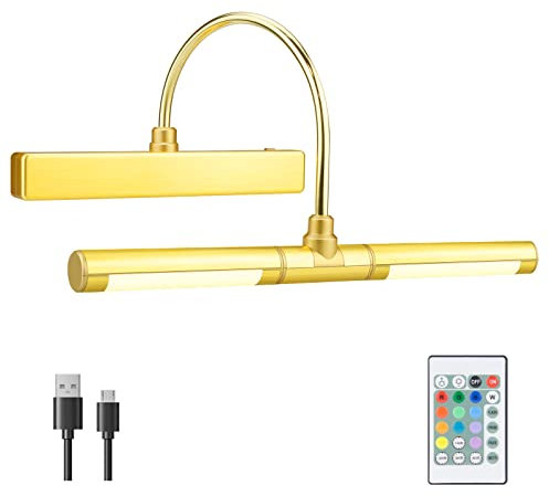 BIGMONAT Wireless Picture Wall Lights with Remote,Rechargeable Battery Led Picture Lights 28 LEDs,13 Inches Rotatable Light Head with 12 Color Changing Dimmable Display Lights for Paintings-Gold