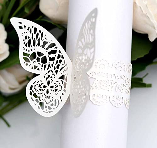 qbodp Einweg-Serviettenringe,100Er-Set,Makramee-Serviettenringe Zum Aushöhlen Für Die Hochzeit,Tischdekoration,Serviettenschnallen Aus Papier,Schmetterling,Weiß