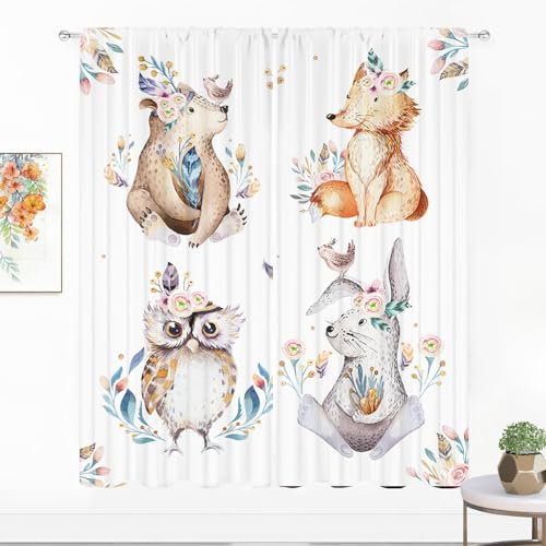 IFFVGX Vorhänge mit Tierwald, Stangentasche für Kinder, Cartoon-Zoo-Thema, Fenstervorhänge, Dschungel, Safari, Wildtiere, Elefant, Giraffe, Löwe, Muster, Vorhänge, dekorativer Stoff, 2 Paneele