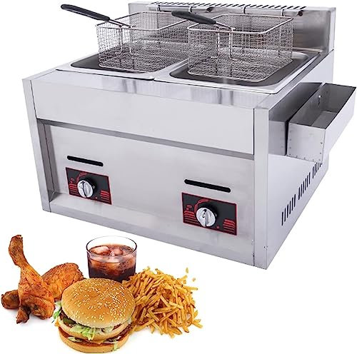Gas Fryer Deep Fryer Machine, Commercial Countertop Fryer Stainless Steel Double Deep Fat Fryer, Manual Adjustment Temperature For Commercial Restaurant Kitchen Equipment