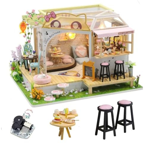 HJBHDOLL DIY Cat Cafe Miniatur Puppenhaus Kit mit LED-Licht, 1:24 Maßstab handgemachte Katze Kaffee Garten Puppenhaus, kreative Geburtstagsgeschenk für Teenager Kind (Puppenhaus mit Spieluhr)