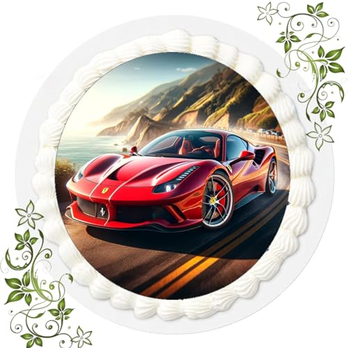 Für den Geburtstag ein Tortenbild, mit Motiv Ferrari, Essbares Foto für Torten, Tortenbild, Tortenaufleger Ø 20cm ESSPAPIER Muscle Car Nr. 3
