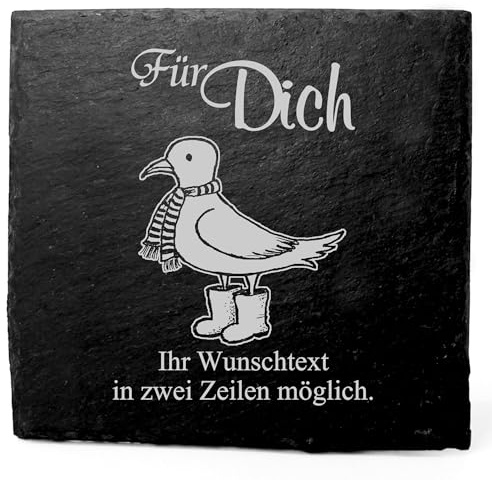 Deko Schiefer Untersetzer personalisiert Möwe mit Schal - Für Dich - 11x11cm Schwarz Bierdeckel Tischdeko Bieruntersetzer Weinuntersetzer