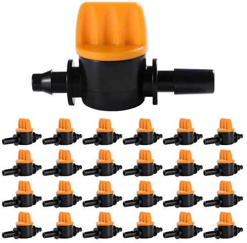 VooGenzek 25 Pièces 4/7 Vanne D'irrigation, Mini Valves de Contrôle pour Tuyau d'arrosage 4/7mm, Mini Tuyau Vanne d'eau Travers, Valves d'arrêt Cannelées 1/4 Pouce Tuyau d'irrigation Goutte à Goutte