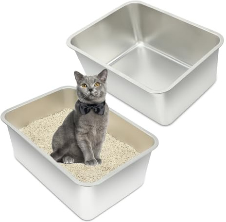 RANYPET Große Katzentoilette Edelstahl 2 Stück, Edelstahl Katzenklo für Großes Häschen und Große Katze, Katzenklo offen, Leicht zu Reinigen Niemals Gerüche, Fleckfrei, Rostfrei, Robuste(50×35×20cm)