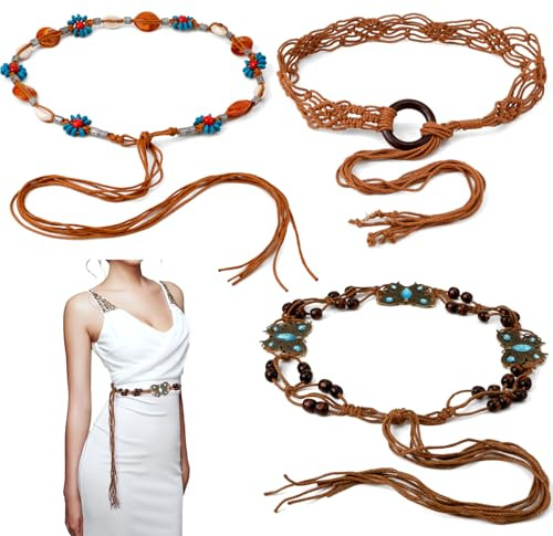 Mikovivi 3-Teiliger Gewebter Taillengürtel, Heller Kamelhaar-Flechtgürtel für Damen im Bohemian-Stil mit Schmetterlings-Vintage-Quasten Taillen-Accessoires für Kleider Geflochtener Kleidergürtel
