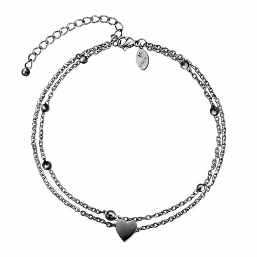 VICKWOOD Fußkettchen für Damen Edelstahl 21cm - 30cm Extra lang Herz Fussketten für Frauen in Gold/Rosegold/Silber/Schwarz Wasserfest 18K Vergoldung Fußkette für Geschenk