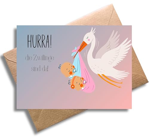 Glückwunschkarte zur Geburt von Zwillingen mit Umschlag - Hurra! Zwillinge sind da Glückwunschkarte zur Geburt süße Geschenkkarte Schwangerschaft Geburt Junge Mädchen Babyparty Mutter (DIN A6)