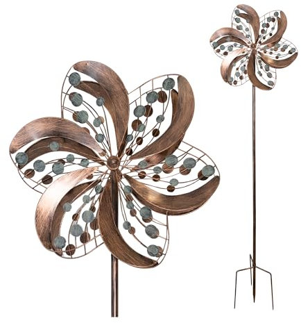 LEMODO Garten Windspiel “Blossom” mit 2 gegenläufigen Rotoren, Windrad aus Metall, Gartendeko in 3 Höhen aufbaubar, Gartenstecker mit 213 cm Höhe, Windmühle in Kupferoptik, Windskulptur mit Charme