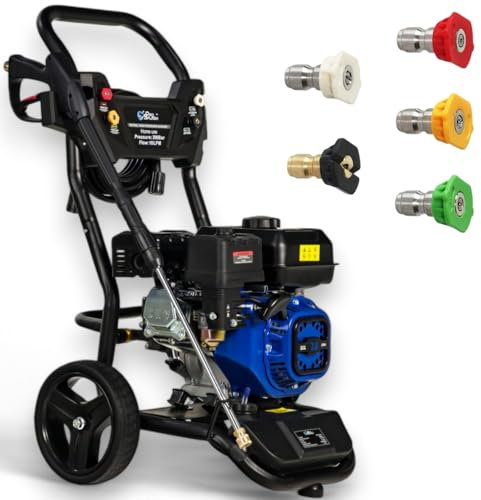 Pro Splash PS-205-PL Nettoyeur haute pression à essence 2900 psi/200 bar, moteur OHV, lavage à jet avec 5 buses à dégagement rapide, nettoyeur haute pression, réservoir de détergent, 7 ch