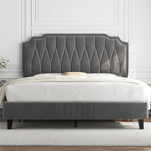 Yaheetech Marco de Cama con Cabecero Tapizado Ajustable en Altura Soporte de Láminas de Madera y Patas Metálicas Gris Oscuro/160 x 200 cm