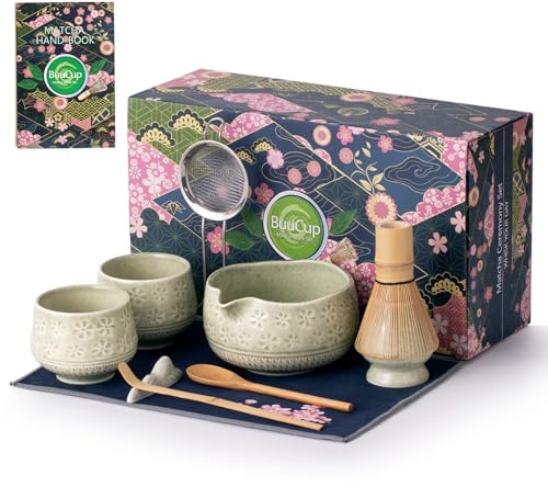 Buucup Matcha Whisk Set, 10 Pcs Matcha Set Includes Matcha Bowl, 2 Cups, Matcha Whisk and Holder, Bamboo Scoop and Spoon, Scoop Rest, Sifter and Tea Towel, Complete Matcha Kit (Mottled Green)