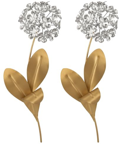 Oairse Juego de 2 hortensias de metal para pared, decoración de pared de flores doradas de 13 pulgadas para el hogar, decoración de pared floral 3D moderna para sala de estar, dormitorio, pasillo