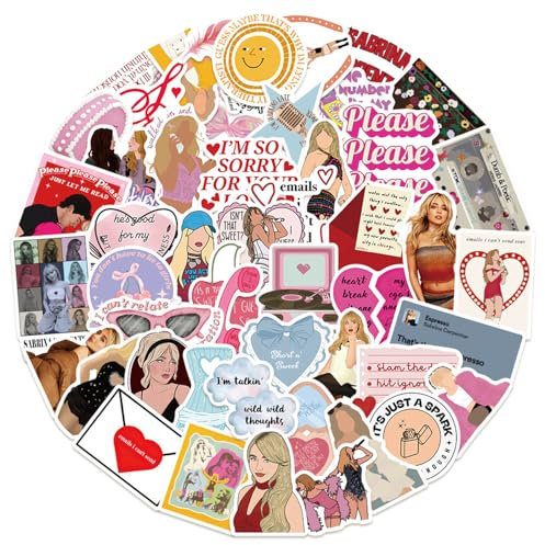 50 Pack Sabrina Stickers, Pop Singer Waterproof Sticker, Personalized Sticker Cute Trendy Music Stickers for Kindle, Water Bottles, Book, Skateboard, Laptop, Guitar, Suitcase (Pink-B)