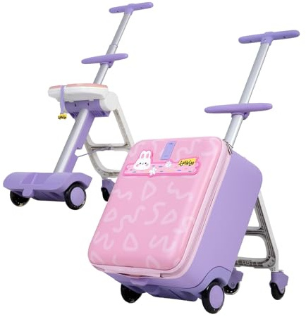 Jovikids Kinderkoffer zum Draufsitzen, 3 in 1 32L Trolley Kinder mit Teleskopstange und 4 Rollen, Reisekoffer Kinder, Faltbar und abnehmbar, mehrere Fächer (Rosa)