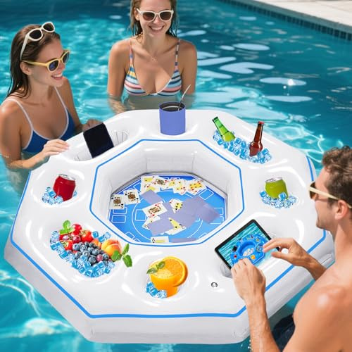 Lanathel Achteckiger aufblasbarer Spieltisch mit wasserdichten Spielkarten, aufblasbare Pool-Bar-Spiele für Erwachsene, schwimmende tragbare Bartisch-Tablett für Whirlpool oder Pool-Strandparty (Weiß)