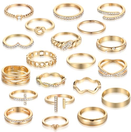 MBAIYO 20 Stück Gold Ringe Set für Frauen, Stapelbare Fingerring mit Strasssteinen Vintage Finger Ringe Boho Daumenringe Damenring Wasserfest Gold Ring Set Modeschmuck Geschenk Mädchen Größe 6–9,5