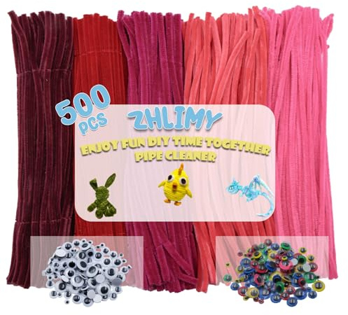 ZHLIMY 500 Stück Pfeifenreiniger Rot, 5 Farben Pfeifenputzer zum Basteln Rot, Kommt mit 200 Beweglichen Augäpfeln Selbstklebend, Pipe Cleaner Red, Chenilledraht für Kreative DIY-Projekte für Kinder