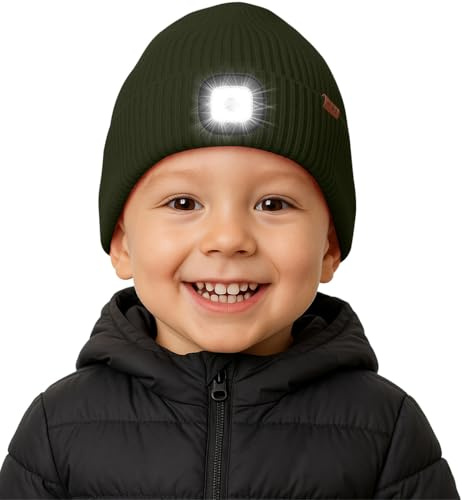 ATNKE Kinder LED Beleuchtete Mütze mit Licht Fleece Gefüttert, USB Wiederaufladbare 4 LED Laufmütze Freihändig Stirnlampe Winter Warm Strick Mütze Geschenke für Jungen und Mädchen