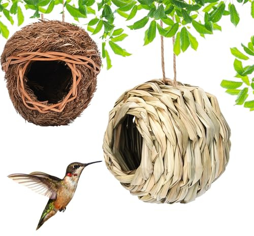 Pawcean Juego de 2 nidos de pájaros hechos de materiales naturales, cajas nido para jardín pequeño para periquitos para canarios, mirlos y colibríes