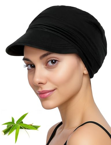 Becellen Mütze Sommer Damen, Bambus-Stoff Weiche Sonnenhut Chemo Kopfbedeckung Atmungsaktives Beanie mit Falten Schwarz Dünne Mütze Chemo Turban mit Elastischem für Damen Frauen