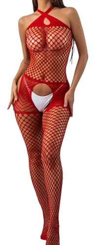 PARUPRUP Sexy Criss Cross Halter Fishnet Bodystocking for Women, Mesh Hollow Out Bodysuit Lingerie Full Body, See Through Naughty Body Stocking Sleeveless Jumpsuit Stretchy Tights Babydoll Nightwear