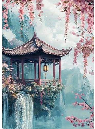 QENSPE Diamond Art Chinese Pavilion Kits Adults 5d Diamond Painting Landscape for Beginners Gem Art Full Round Crystal Canvas Painting DIY Crafts Home Wall Decor 12x16 inch Canvas