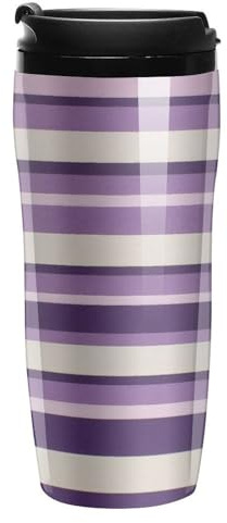 Jubonexis Tasse à café vintage à rayures horizontales violettes et blanches avec couvercle rabattable à double paroi en plastique 350 ml
