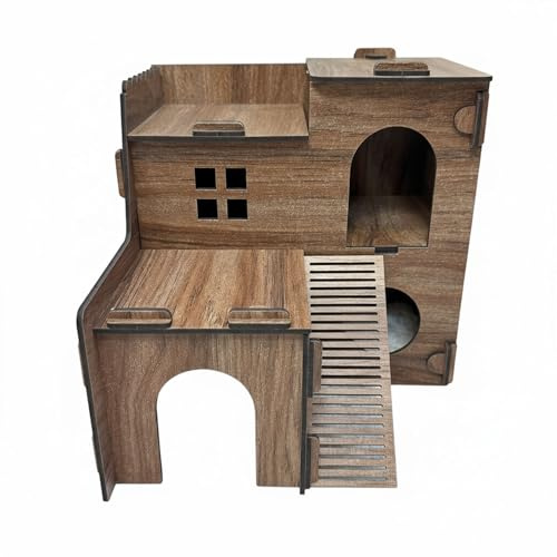 Jungengel Hamsterhaus, 2-stöckiges Holz-Nagerhaus mit Rampen und Höhlen, Weiß, Rosa, Braun, 23x21,5x21 cm, Stecksystem für Hamster und Mäuse (Braun)