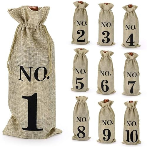 Trlyane Jute Weinbeutel 10er Set, Geschenkbeutel mit Nummern 1–10 | Wiederverwendbare Jute Geschenkbeutel mit Kordelzug, für Blindverkostung, Hochzeit, Geburtstag und Weihnachten