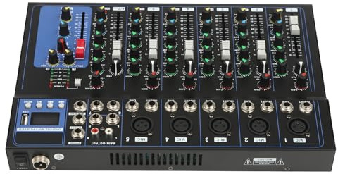 7-Channel Audio Mixer, Portable Sound Board Mixing Console with Bluetooth, 48V Phantom Power, 5 Mono & 1 Stereo Inputs, Ideal for DJ Mixer, Home Studio, Karaoke, Live Performance