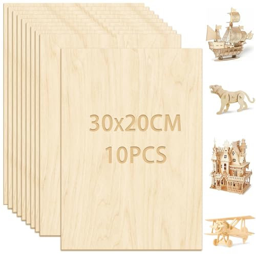 UNIFAMILY 10Pcs Plywood Sheets 2mm, 300 x 200mm Unfinished Balsa Wood Sheets, Smooth Basswood for DIY Crafts Projects, Woodcraft Model, Painting, Engraving and Home Decoration
