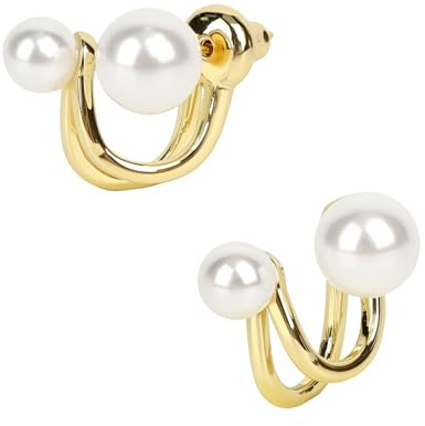 MOTIBACK S925 Silber Perlen Ohrringe für Frauen, Doppel-Perlen Design mit Gold-Optik, Hypoallergene Ohrstecker mit 925 Silbernadeln