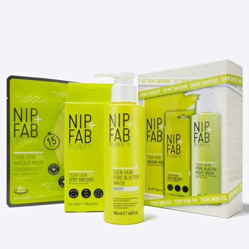 Nip + Fab Teen Skin Kit – 3-Step Full Size Skincare Set for Teen Skin – Includes Pore Blaster Wash, Wasabi Sheet Mask & Spot Patches