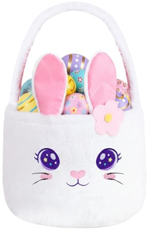 PinkSheep Easter Plush Easter Basket for Kids, Easter Eggs/Candies Basket with Handle for Egg Hunts or Treats, Cute Animal Storage Gift Baskets for Boys Girls (White bunny)