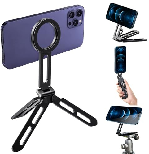 Magnetic Phone Tripod Foldable Pocket Tripod Mount Aluminum Holder | Smartphone Desk Stand Handle Stick Double-sided Magnetic for iPhone 17 16 15 14 13 12 Pro Max Plus for Video Vlog Travel