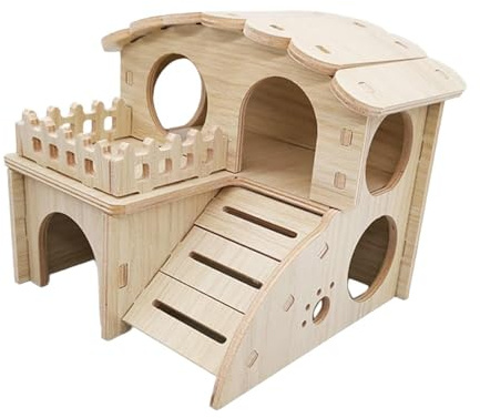 KIXZSAZ Elegantes Hamsterhaus Set mit Spielzeug aus glattem, abgerundetem Holz zum Knabbern und für Rennmauskäfige. Abnehmbares Versteck, Holzfarbe, 14 x 13 x 12.5 cm