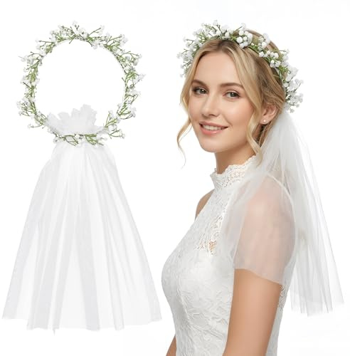 DOORIO Brautschleier mit Blumenkranz Schleier Braut Kurz Hochzeit Blumenkranz Haarschmuck Hochzeitsdeko JGA Deko Braut Haarkranz Schleier