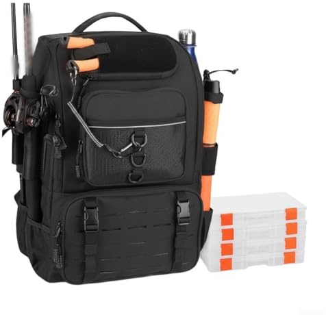 Mochila de pesca de 40 litros con soporte para caña, mochila de tela Oxford impermeable para pescadores, gran capacidad de almacenamiento con 14 bolsillos para senderismo, camping, viajes, negro